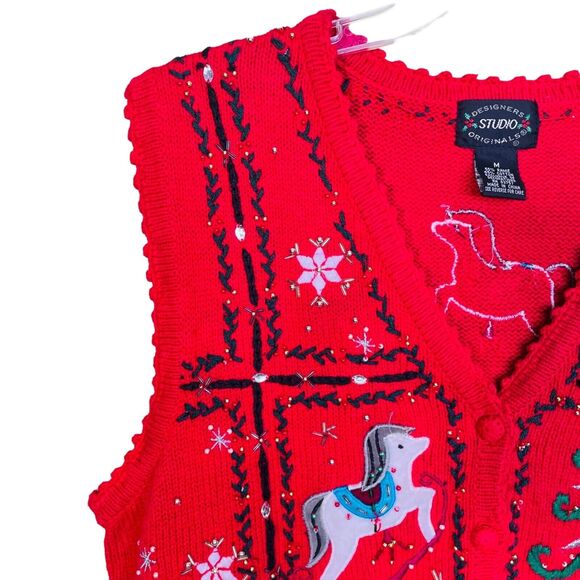 Designers Studio Original Christmas Red Embroidered Beaded Sweater Cardigan Size - Picture 2 of 10